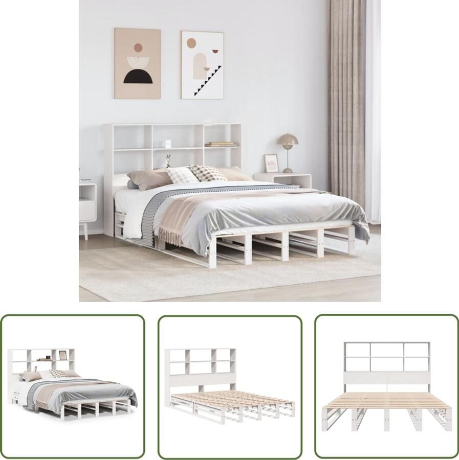 VidaXL Bedden Slaapkamers Bed met boekenkast zonder matras massief hout wit 160x200 cm Houten Bedden Boekenkasten Opbergbed