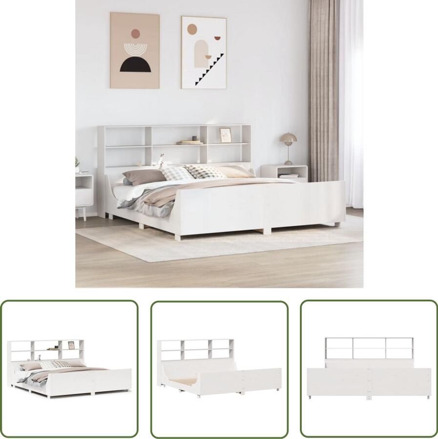 VidaXL Bedden Slaapkamers Bed met boekenkast zonder matras massief hout wit 180x200 cm Houten Bedden Boekenkasten Tweepersoonsbed