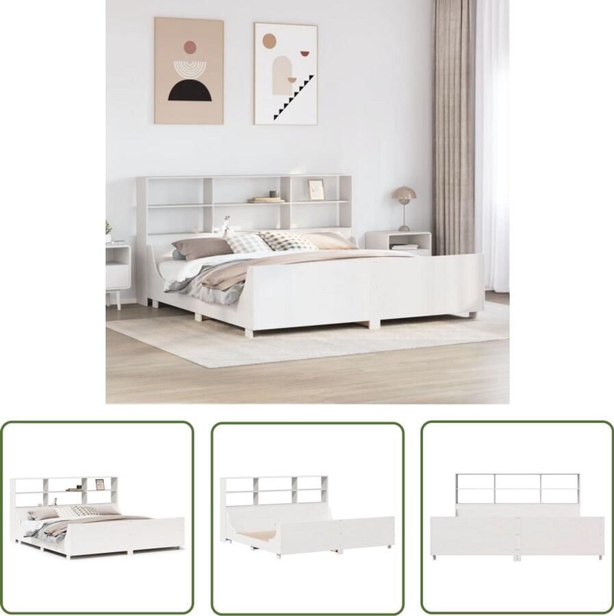 VidaXL Bedden Slaapkamers Bed met boekenkast zonder matras massief hout wit 200x200 cm Houten Bed Boekenkasten Design Bed