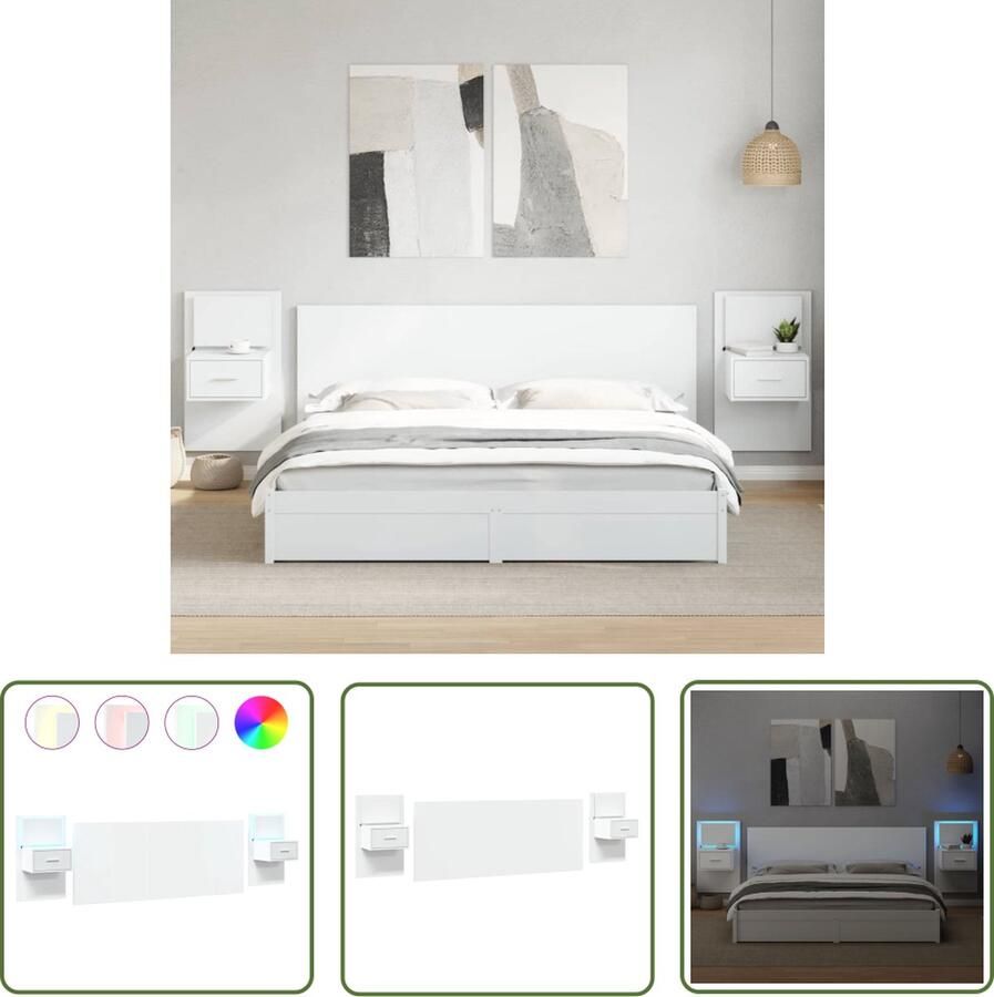 The Living Store Hoofdbord Met Kasten 200 x 80 cm LED Verlichting Wit Houtbewerking Hoofdbord Bedding Slaapkamers Nachtkast Opbergruimte