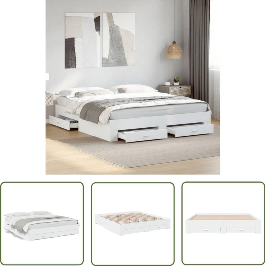 VidaXL Bedframe met lades bewerkt hout wit 200x200 cm Slaapbank Bedframe Houten Bed Boxspring Tweepersoonsbed