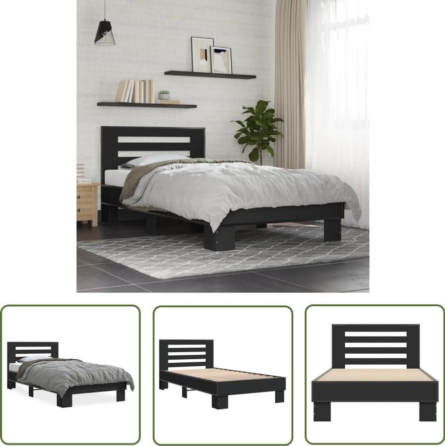 VidaXL Bedframe Slaapcomfort Bedframe bewerkt hout en metaal zwart 90x190 cm Zwarte Bed Houten Bed Tweepersoonsbed