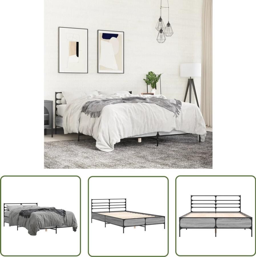 VidaXL Bedframe Slaapcomfort Bedframe bewerkt hout metaal grijs sonoma eiken 135x190 cm Houten Bed Grijze Bed Sonoma Eiken
