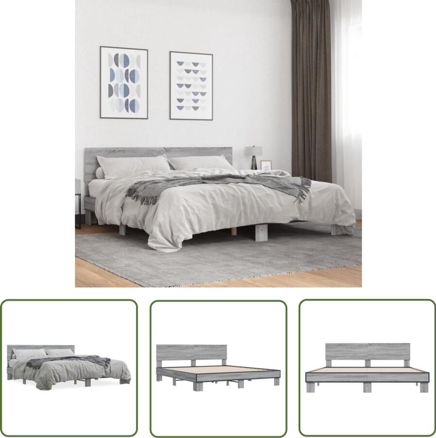 VidaXL Bedframe Slaapcomfort Bedframe bewerkt hout metaal grijs sonoma eiken 200x200 cm Houten Bed Grijs Bed Sonomane Eiken
