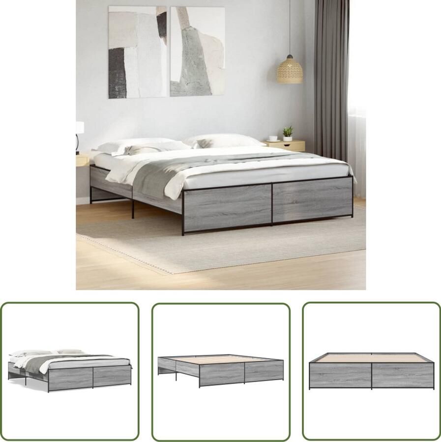 VidaXL Bedframe bewerkt hout metaal grijs sonoma eiken 200x200 cm Slaapcomfort Bedframe Houten Bed Grijs Bed Sonoma Eiken