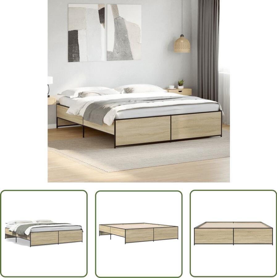 VidaXL Bedframe Slaapcomfort Bedframe bewerkt hout metaal sonoma eikenkleurig 200x200 cm Houten Bed Sonomane Eiken Tweepersoonsbed