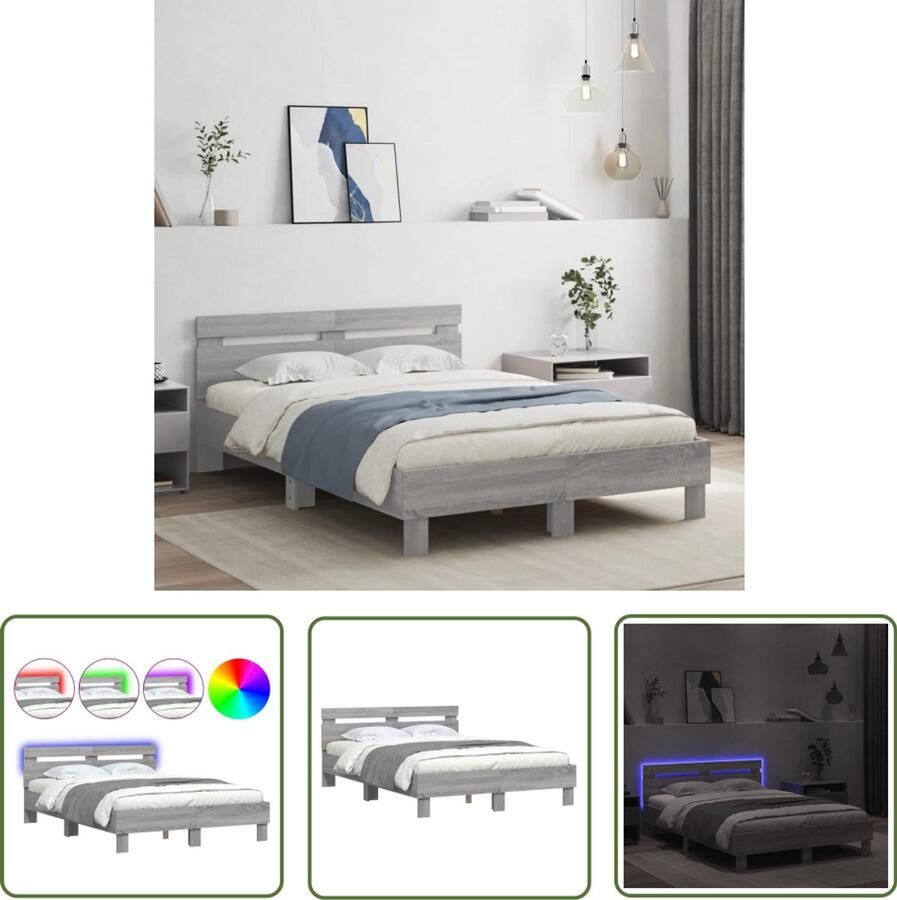 VidaXL Bedframe Slaapcomfort Bedframe met hoofdeinde en LED grijs sonoma eiken 135x190 cm Houten Bed Led Bed Grijze Bed