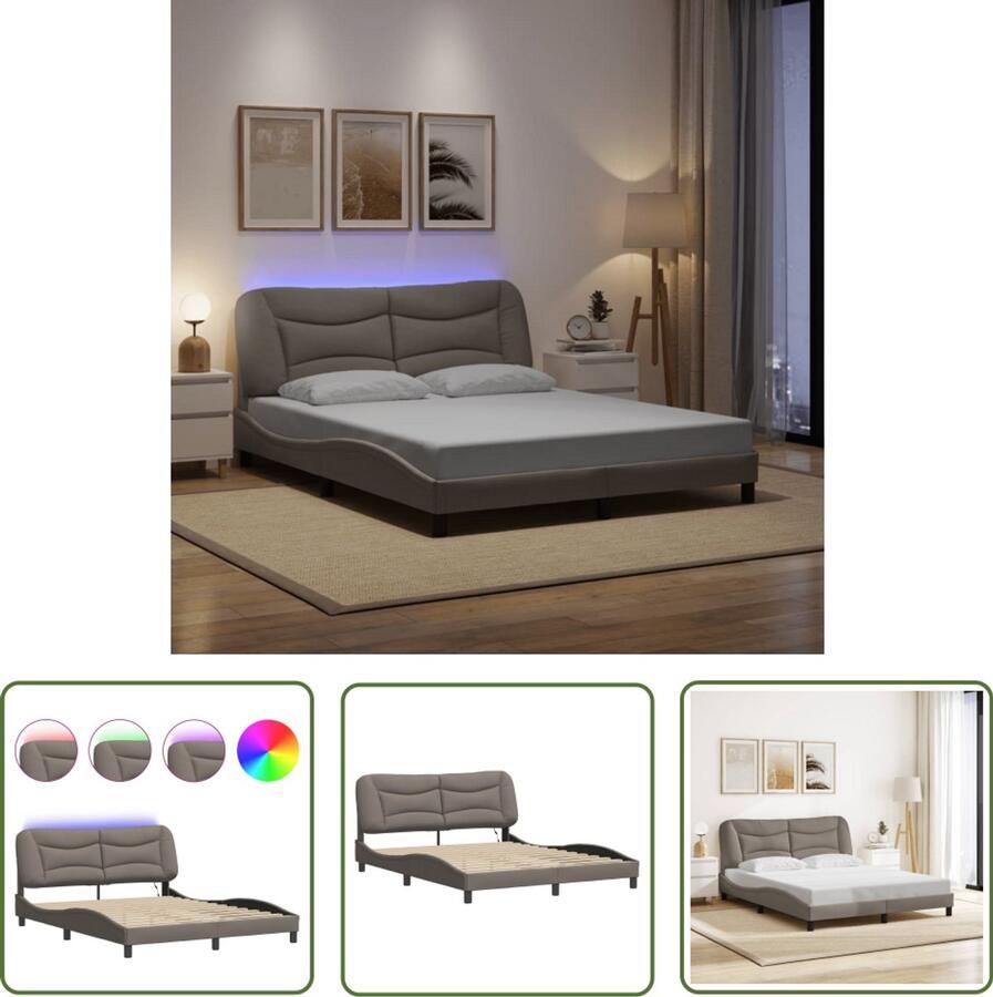 VidaXL Bedframe Slaapcomfort Bedframe met LED zonder matras Hvar 160x200 cm stof taupe Led Verlichting Hoofdbord Taupecleur