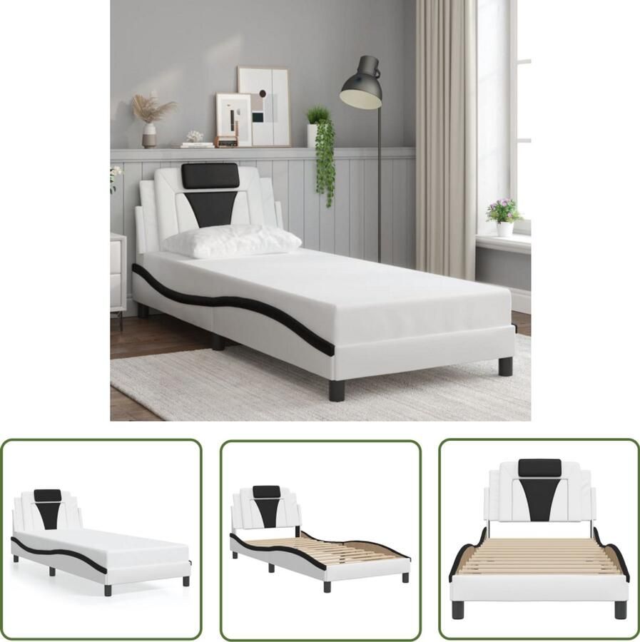 VidaXL Bedframe Viana zonder matras kunstleer zwart en wit 90x190 cm Slaapcomfort Bedframe Hoofdbord Kunstleder Modern Bed
