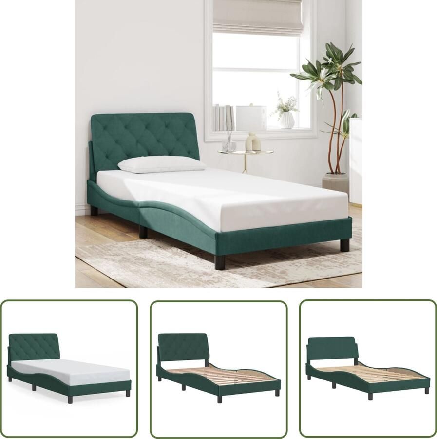 The Living Store Bedframe Wave Collection 218 x 105 x 74.5 cm Fluweel Donkergroen Slaapcomfort Bedframe Hoofdbord Velvet Groen Bed