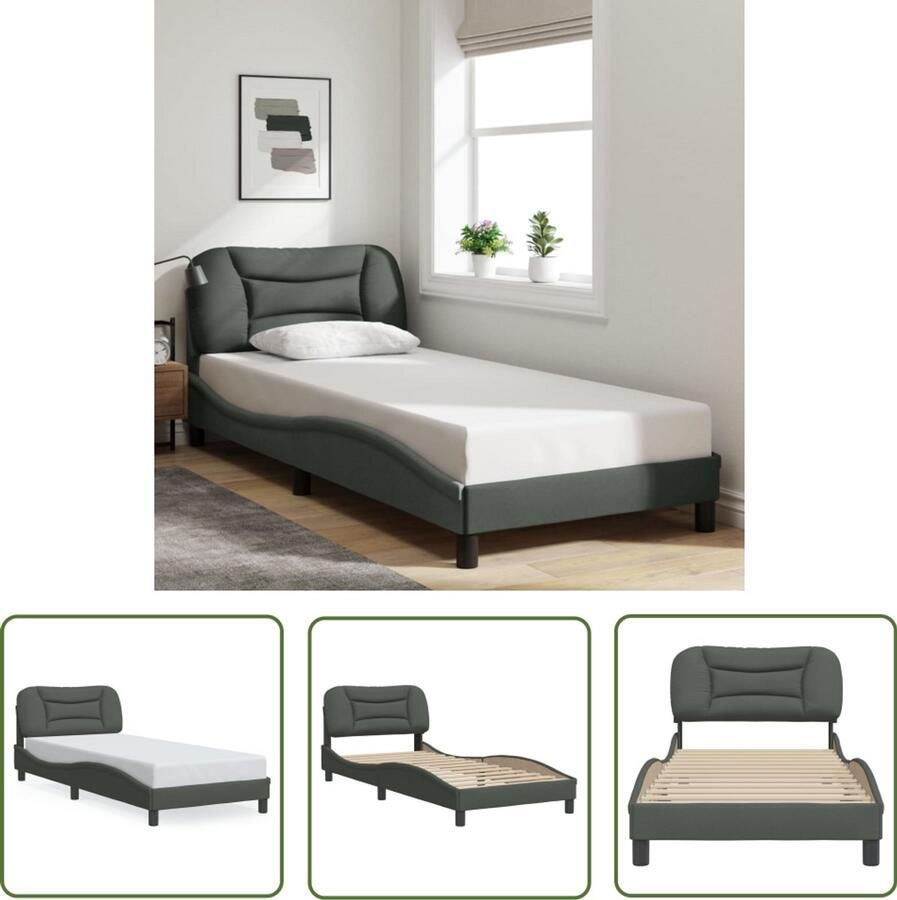 VidaXL Bedframe zonder matras Hvar 90x200 cm stof donkergrijs Slaapcomfort Bedframe Boxspring Tweepersoon Enkelpersoonsbed