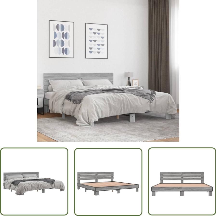 VidaXL Bedframe Slaapkamers Bedframe bewerkt hout metaal grijs sonoma eiken 200x200 cm Houten Bed Modern Bed Grijze Bed
