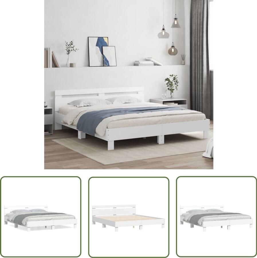 VidaXL Bedframe met hoofdbord bewerkt hout wit 180x200 cm Slaapkamers Bedframe Boxspring Tweepersoonsbed Houten Bed