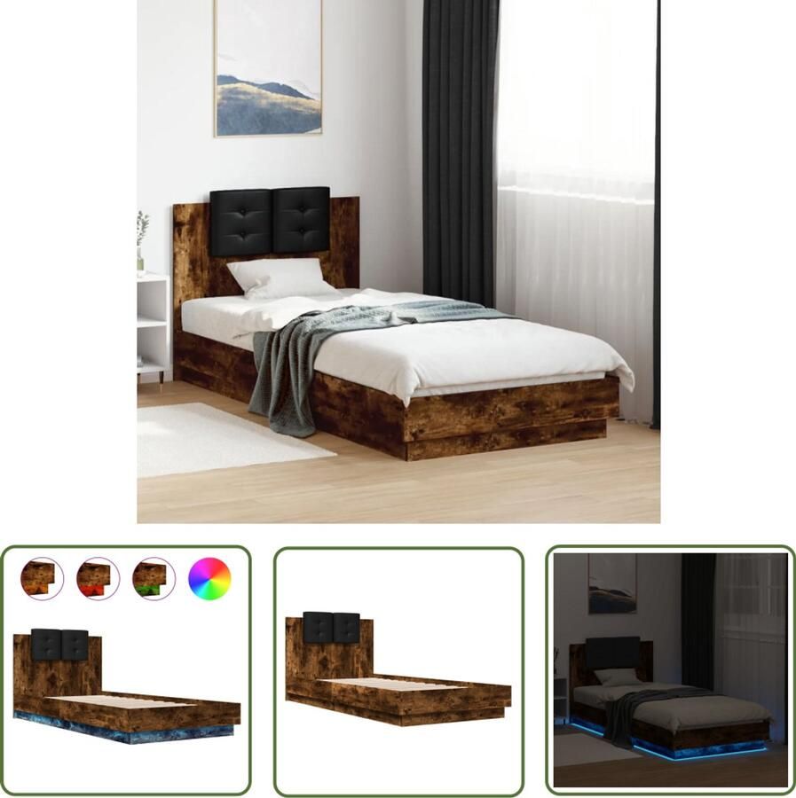 VidaXL Bedframe Slaapkamers Bedframe met hoofdbord en LED gerookt eikenkleurig 90x200 cm Houten Bed Led Verlichting Bruine Bed