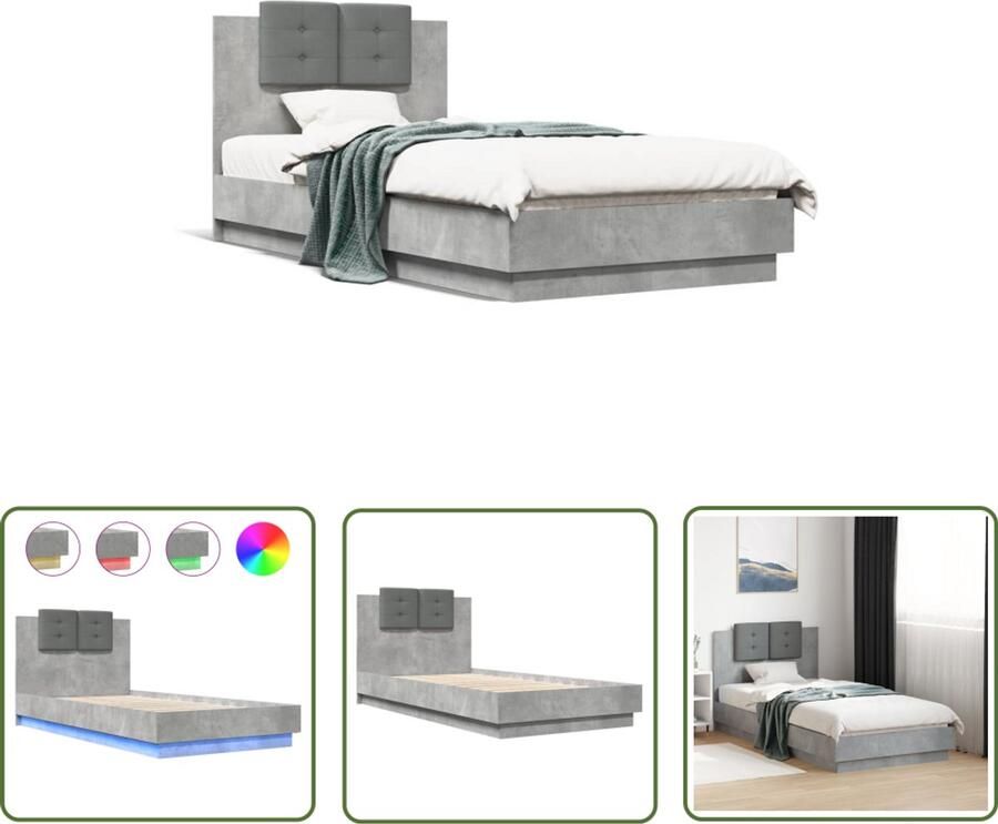 VidaXL Bedframe Slaapkamers Bedframe met hoofdbord en LED-verlichting betongrijs 75x190 cm Led Verlichting Houten Bed Modern Bed