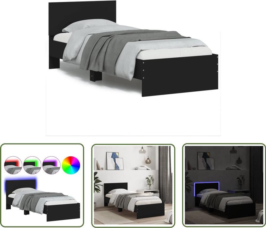 VidaXL Bedframe Slaapkamers Bedframe met hoofdbord en LED-verlichting zwart 90x200 cm Houten Bed Led Verlichting Hoofdbord
