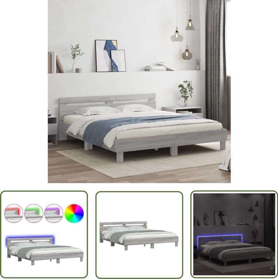 VidaXL Bedframe Slaapkamers Bedframe met hoofdeinde en LED-licht grijs sonoma 180x200 cm Houten Bed Grijs Bed LED Bed
