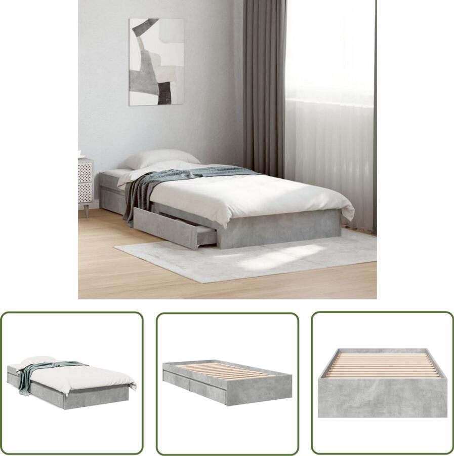 VidaXL Bedframe met lades bewerkt hout betongrijs 100x200 cm Slaapkamers Bedframe Houten Bed Betonnen Grijs Tweepersoonsbed