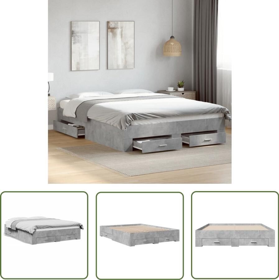 VidaXL Bedframe Slaapkamers Bedframe met lades bewerkt hout betongrijs 150x200 cm Houten Bed Betongrijp Opberglades