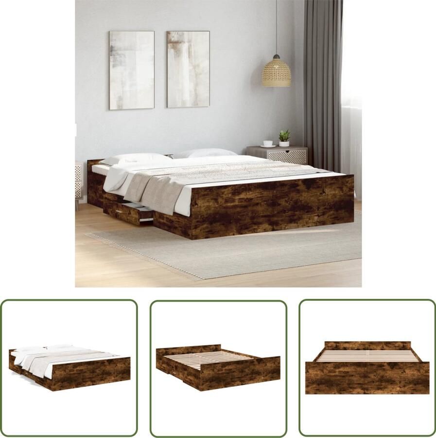 VidaXL Bedframe Slaapkamers Bedframe met lades bewerkt hout gerookt eikenkleurig 160x200 cm Houten Bed Bruine Bed Opbergladekasten