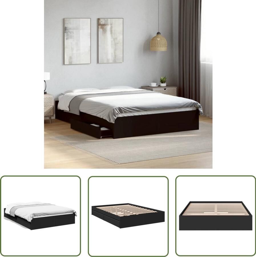 VidaXL Bedframe Slaapkamers Bedframe met lades bewerkt hout zwart 140x190 cm Houten Bed Zwarte Bed Boxspring
