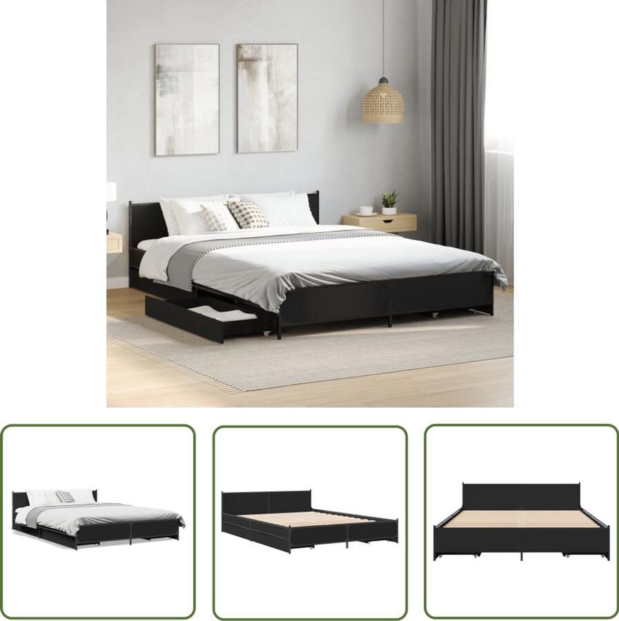 VidaXL Bedframe met lades bewerkt hout zwart 150x200 cm Slaapkamers Bedframe Houten Bed Boxspring Tweepersoonsbed