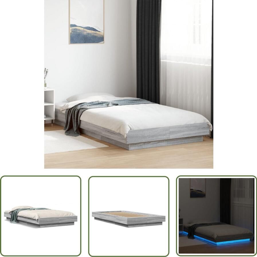 VidaXL Bedframe met LED-verlichting grijs sonoma eikenkleurig 90x200cm Slaapkamers Bedframe Led Verlichting Houten Bed Sonoma Eiken