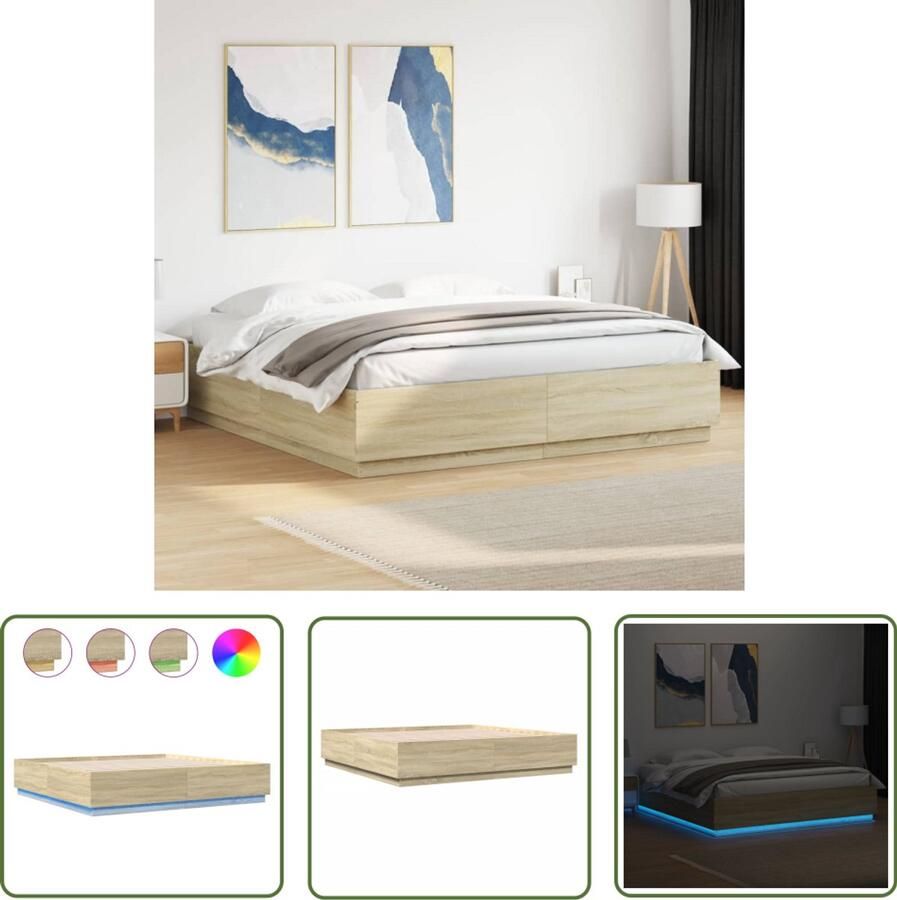 VidaXL Bedframe Slaapkamers Bedframe met LED-verlichting sonoma eiken 200x200 cm Led Verlichting Houten Bed Sonoma Eiken