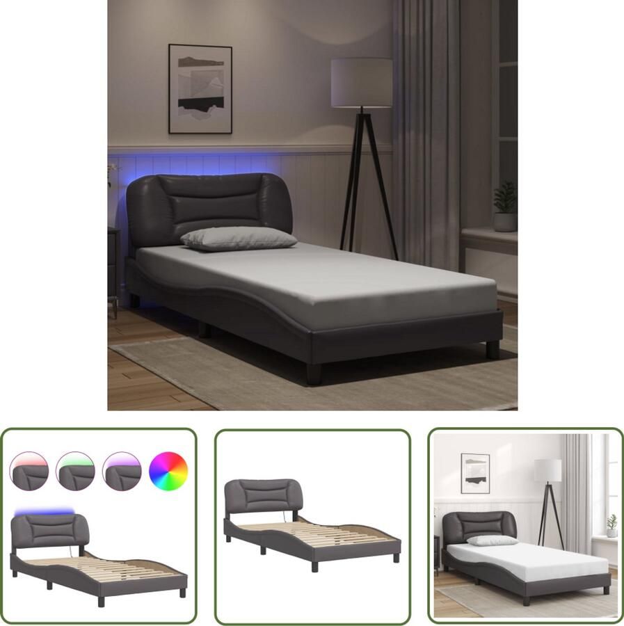 VidaXL Bedframe Slaapkamers Bedframe met LED zonder matras Hvar kunstleer grijs 100x200 cm Led Verlichting Kunstleder Modern