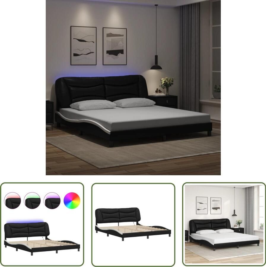 VidaXL Bedframe Slaapkamers Bedframe met LED zonder matras Hvar kunstleer zwart en wit 180x200 cm Boxspring Led Verlichting Kunstleder