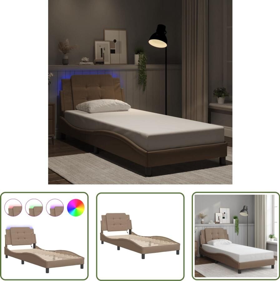 VidaXL Bedframe Slaapkamers Bedframe met LED zonder matras Zadar kunstleer cappuccino 100x200 cm Led Verlichting Kapstok Kunstleer