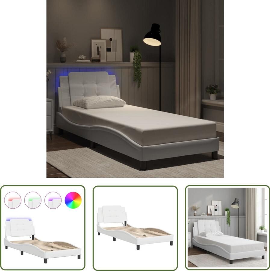 VidaXL Bedframe Slaapkamers Bedframe met LED zonder matras Zadar kunstleer wit 90x190 cm Led Verlichting Kunstleder Wit Bed