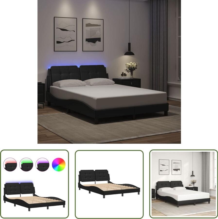 VidaXL Bedframe Slaapkamers Bedframe met LED zonder matras Zadar kunstleer zwart 140x200 cm Led Verlichting Kunstleer Modern Design