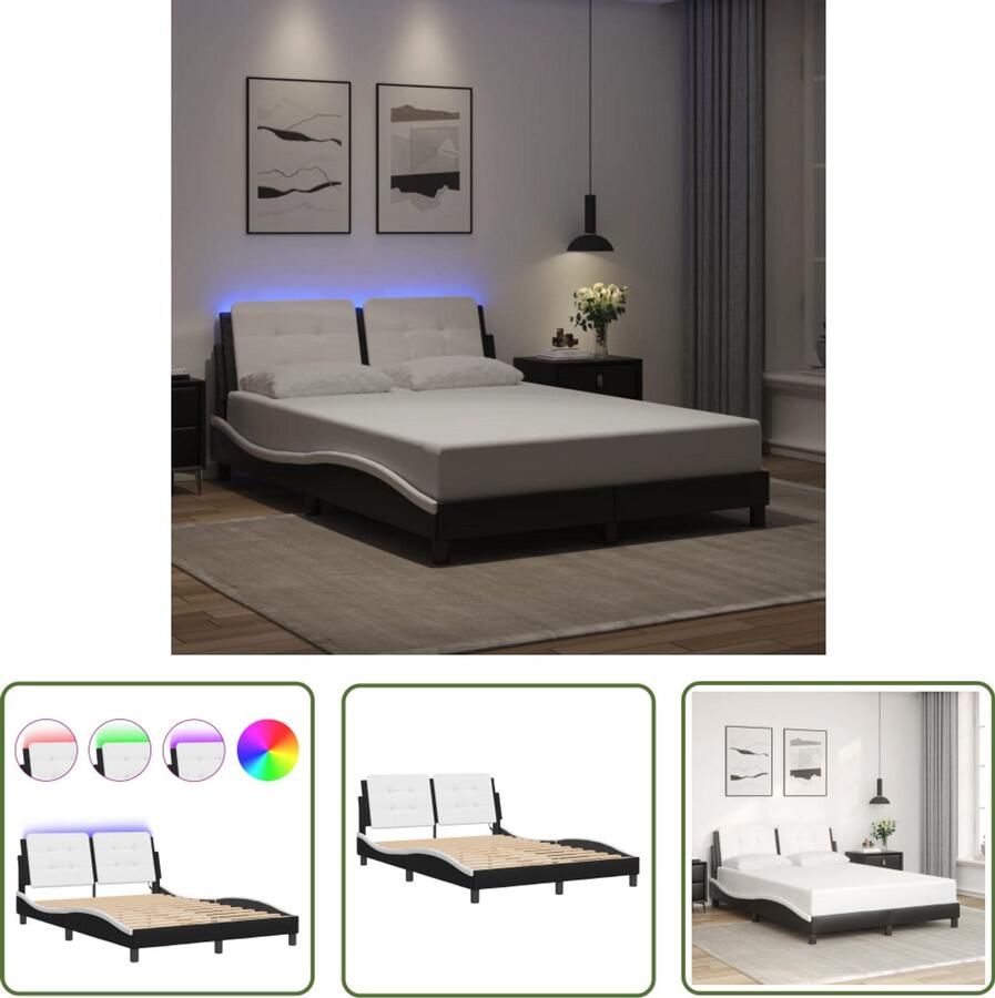 VidaXL Bedframe Slaapkamers Bedframe met LED zonder matras Zadar kunstleer zwart en wit 140x200 cm Led Verlichting Kunstleder Modern Design