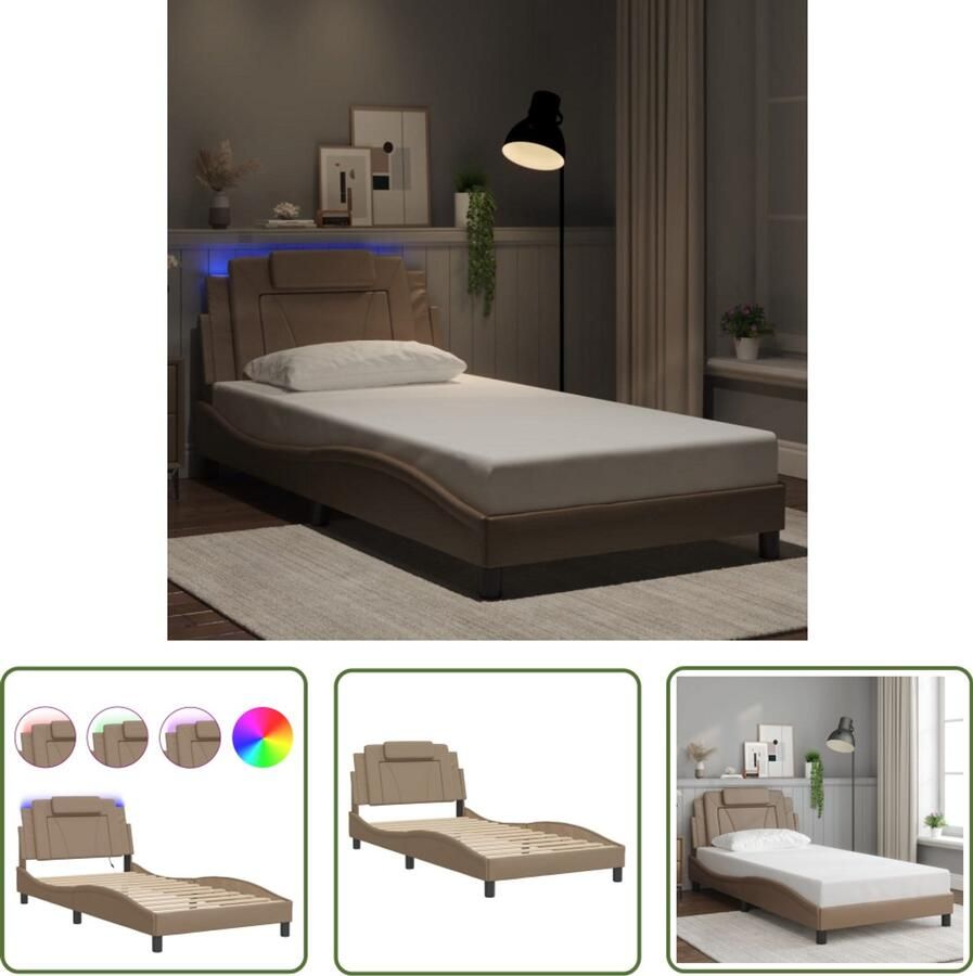 VidaXL Bedframe Slaapkamers Bedframe Viana met LED zonder matras kunstleer cappuccino 100x200 cm Led Verlichting Kapstok Bruine Bank