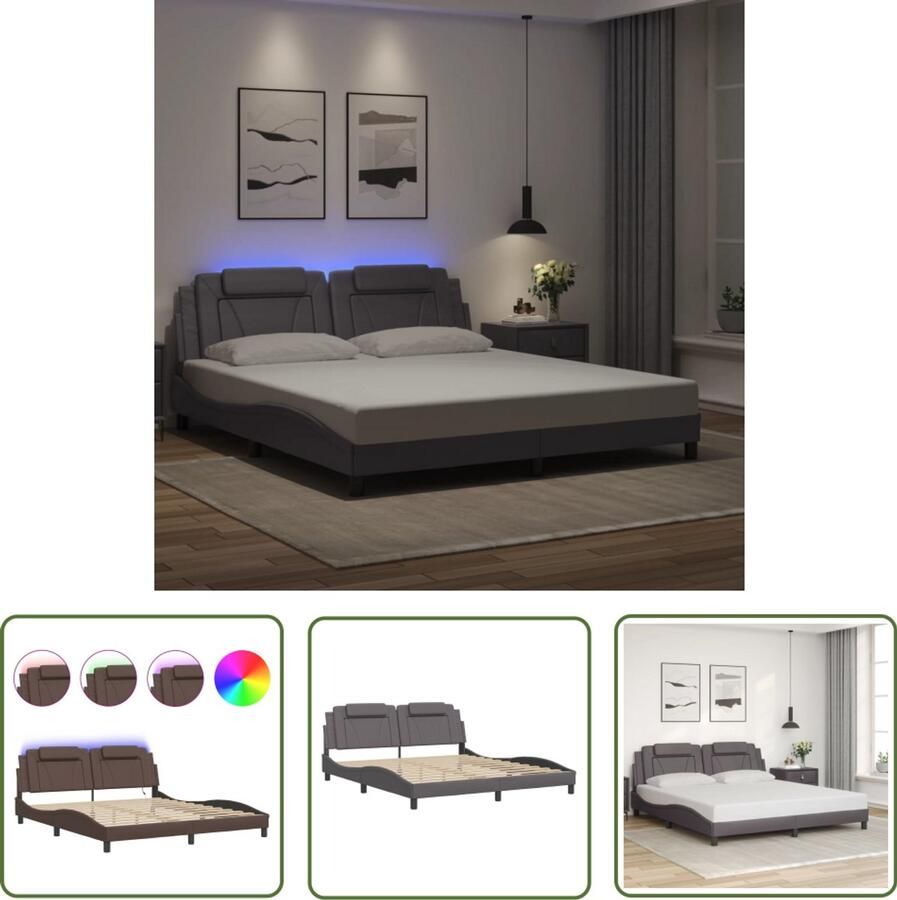 VidaXL Bedframe Slaapkamers Bedframe Viana met LED zonder matras kunstleer grijs 180x200 cm Led Verlichting Kunstleder Tweepersoonsbed