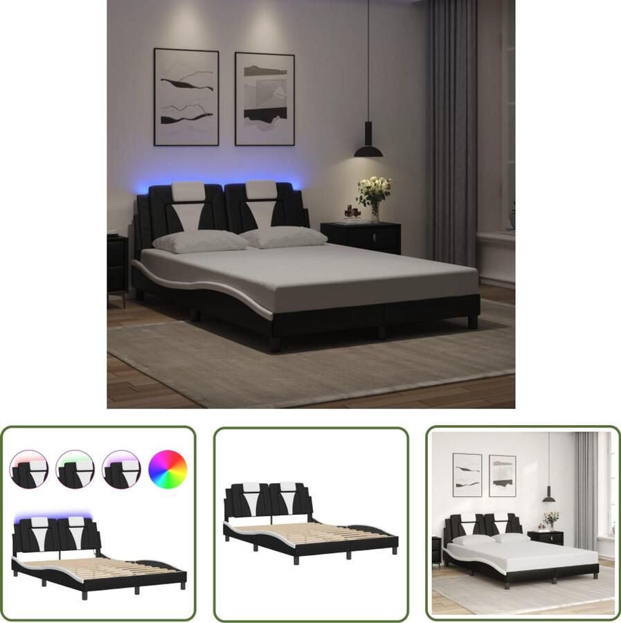 VidaXL Bedframe Viana met LED zonder matras kunstleer zwart en wit 120x200 cm Slaapkamers Bedframe Led Verlichting Kunstleer Modern Bed
