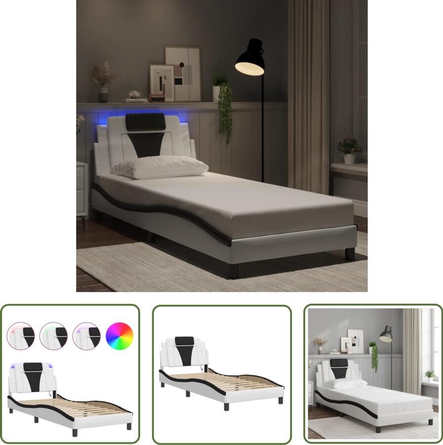 VidaXL Bedframe Slaapkamersdecoratie Bedframe Viana met LED zonder matras kunstleer wit en zwart 90x190 cm Led Lamp Kunstleder Bed Tweepersoonsbed