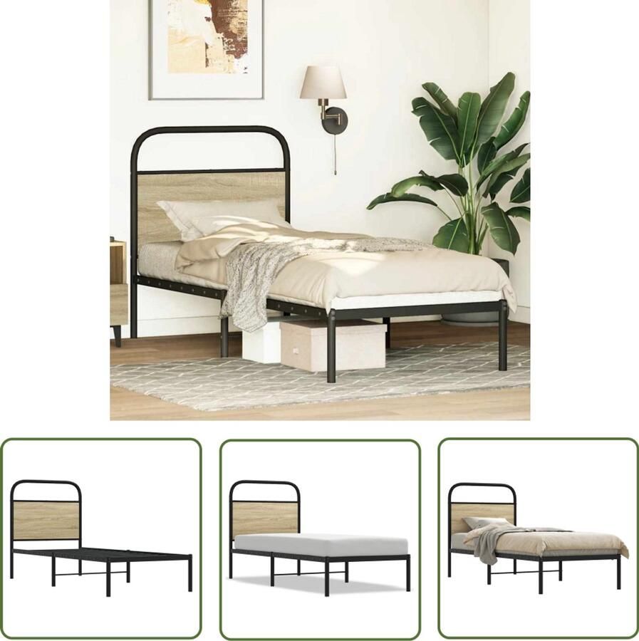 The Living Store Hoofdbord 75 cm staal en bewerkt hout sonoma eikenkleurig Hoofd Bord Bedhoofdbord Houten Hoofdbord Staal Hoofdbord Design