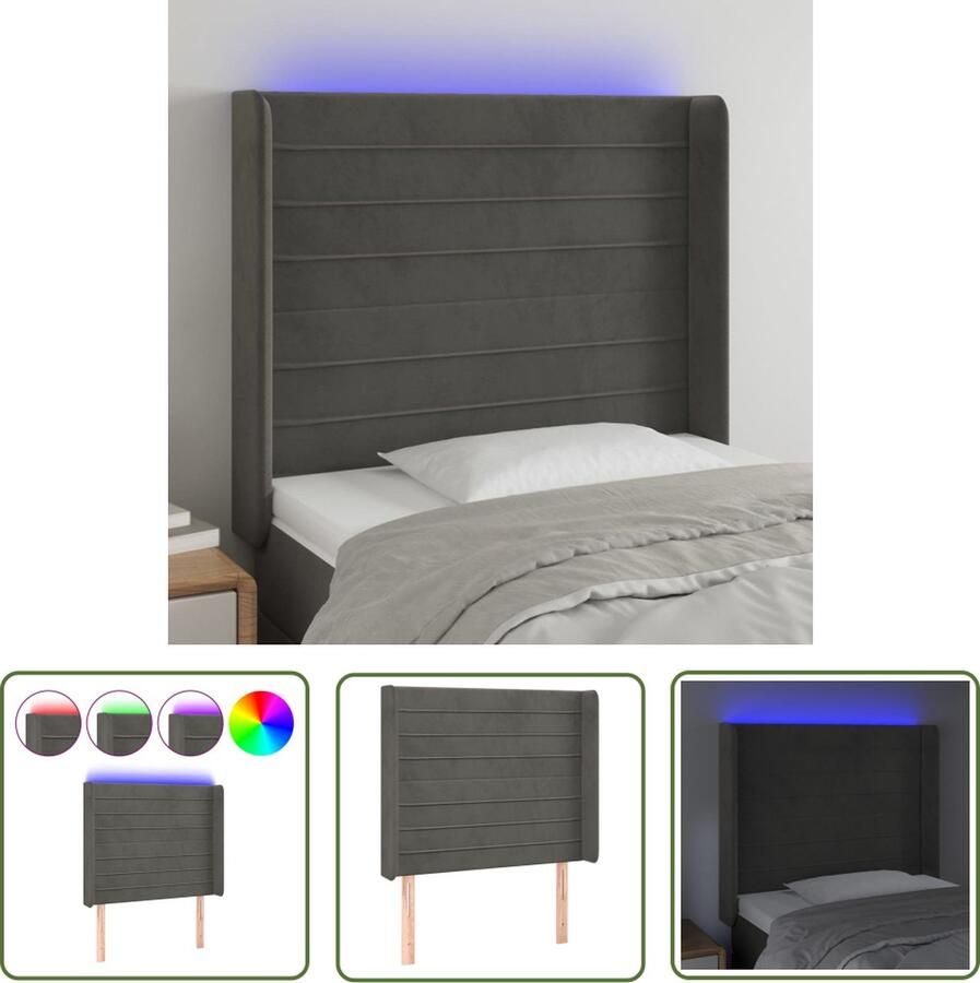 The Living Store Hoofdbord LED 103x16x118 128 cm fluweel donkergrijs Hoofd Bord Led Bedhoofdbord Hoofdbord Met Verlichting Velvet Hoofdbord Grijs Hoofdbord