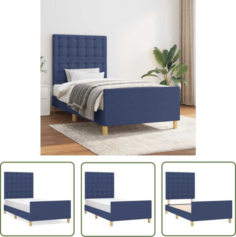 The Living Store Bedframe met hoofdeinde stof blauw 90x200 cm Bedframe Met Hoofdeinde Bedframes Met Hoofdeindes Bed Slaapmeubel Ledikant Bedbodem Tweepersoonsbed Bedden Slaapmeubels Slaapmeubelen Slaapmeubilair