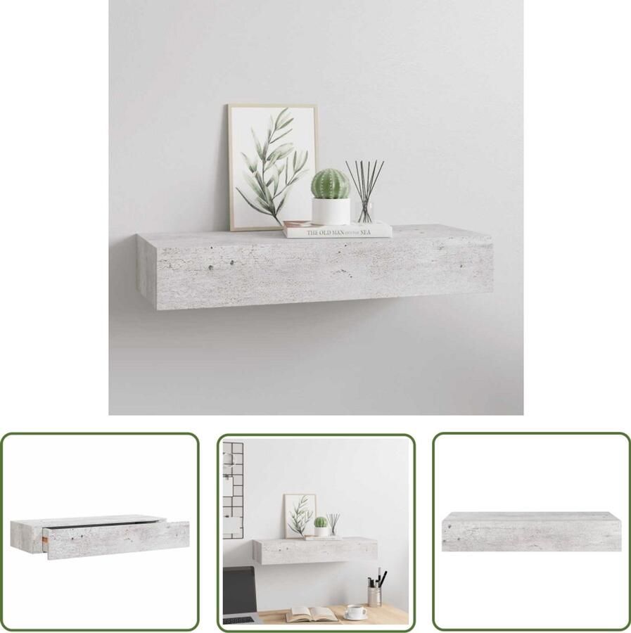 The Living Store Wandschap met lade 60x23 5x10 cm MDF betongrijs Zwevend Schap Wandenplank Ladekast Bergruimte Minimalistische Meubels