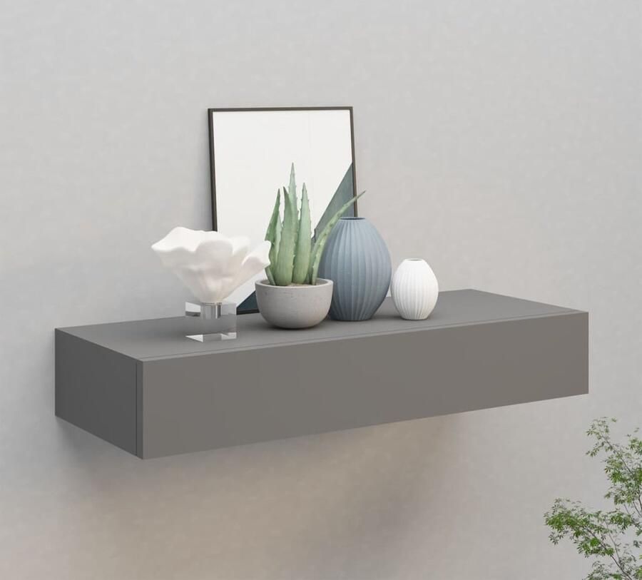 The Living Store Wandschap met lade 60x23 5x10 cm MDF grijs Zwevend Schap Wandenplank Ladekast Bergruimte Livingroomdecoratie