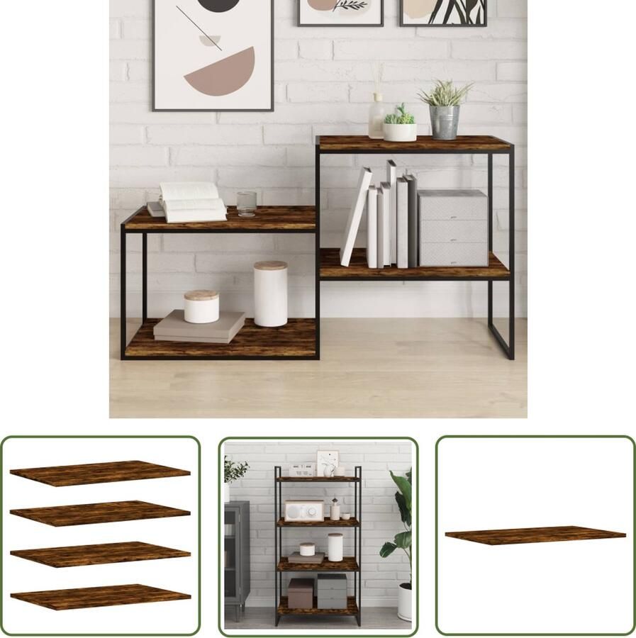 The Living Store Wandschappen 4 st 60x40x1 5 cm bewerkt hout gerookt eikenkleur Zwevende Wandkast Wandplanken Bergruimte Woonaccessoires Interieurdecoratie - Foto 2