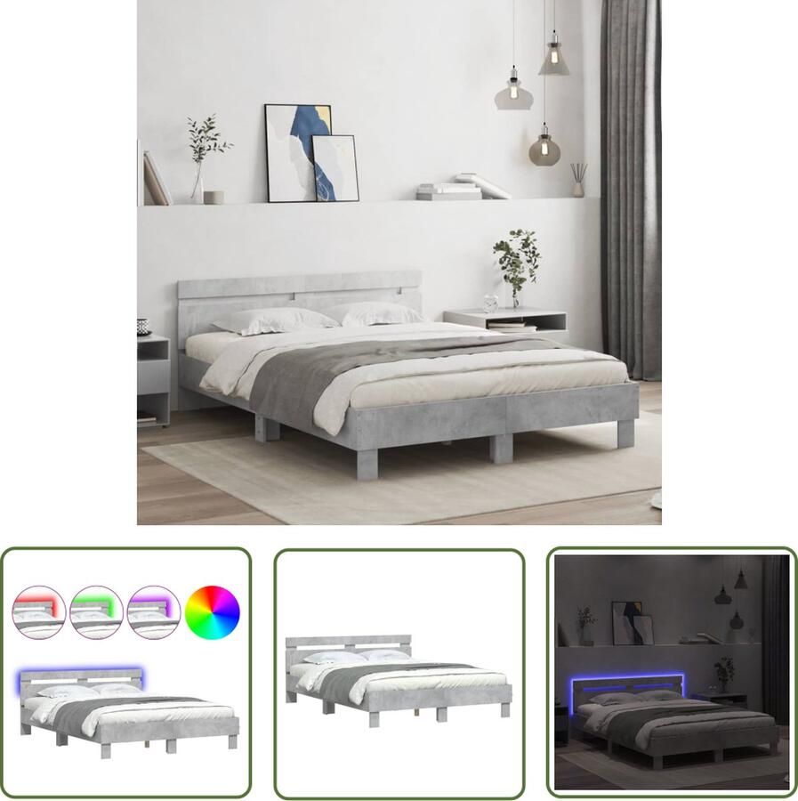 The Living Store Bedframe met hoofdeinde en LED betongrijs 150x200 cm LED Bed Frame Beton Grijs Houten Bedframe Tweepersoons Bed Led Lampjes Bed