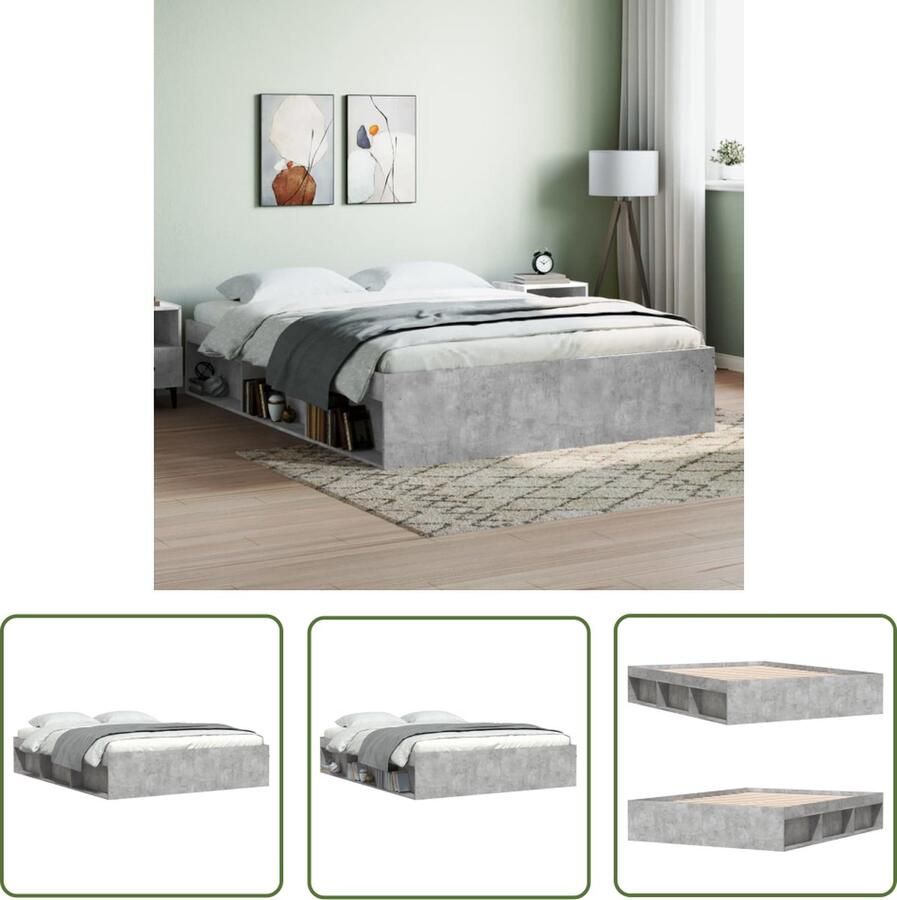The Living Store Houten Bedframe Betongrijs 193 x 143 x 35 cm Duurzaam materiaal Houten Bed Frame Betongrijs Bed Tweepersoons Bed Modern Bed Stapelbare Bed