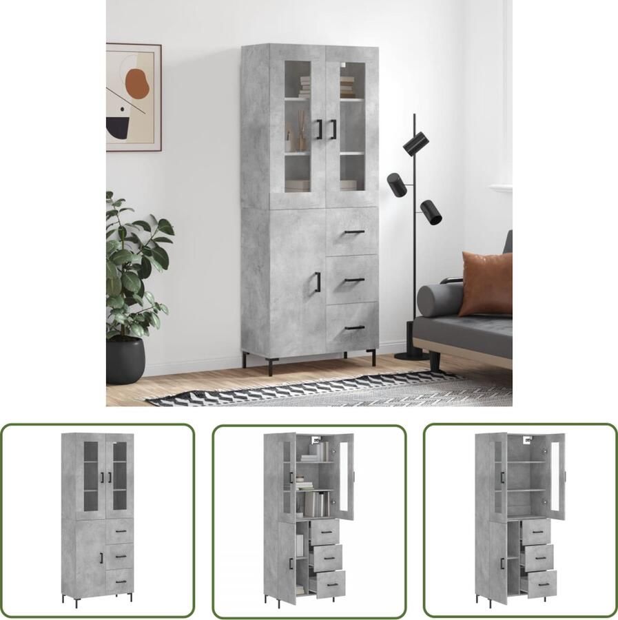 The Living Store Hoge kast 69 5x34x180 cm bewerkt hout betongrijs Hoge Kast Opslagruimte Houten Kast Betonnen Grijze Kast - Foto 2