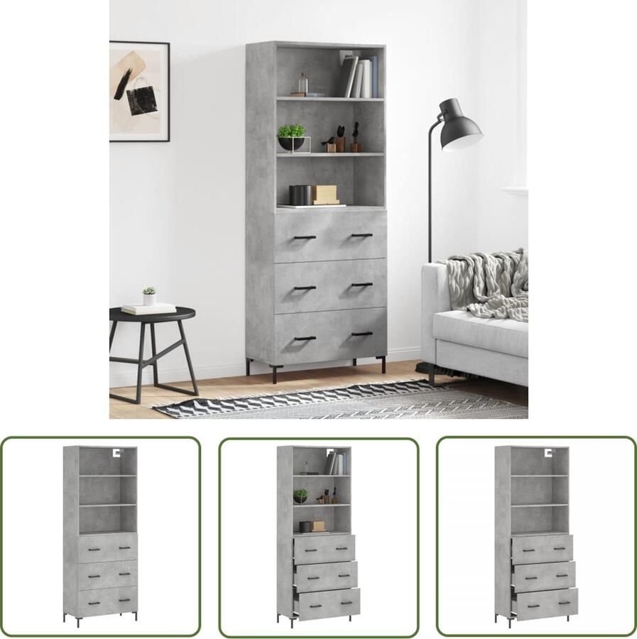 VidaXL Betongrijs Hoge Kast Hoge kast 69 5x34x180 cm bewerkt hout betongrijs Houten Kast Opslagoplossing Woonkamermeubilair