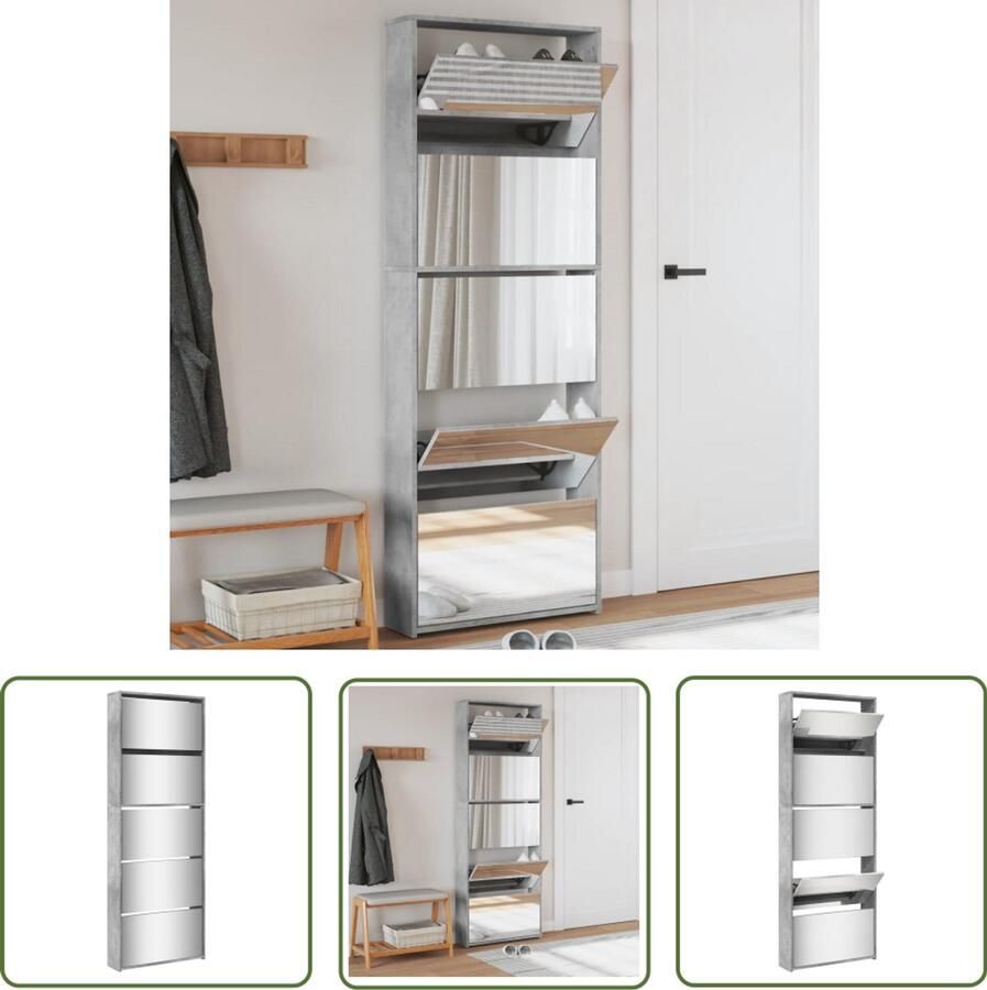 VidaXL Schoenenkast met spiegel 5-laags 63x17x169 5 cm betongrijs Schoenenkast Betongrijs Houten Schoenenkast Schoenenopbergers Entreemeubilair