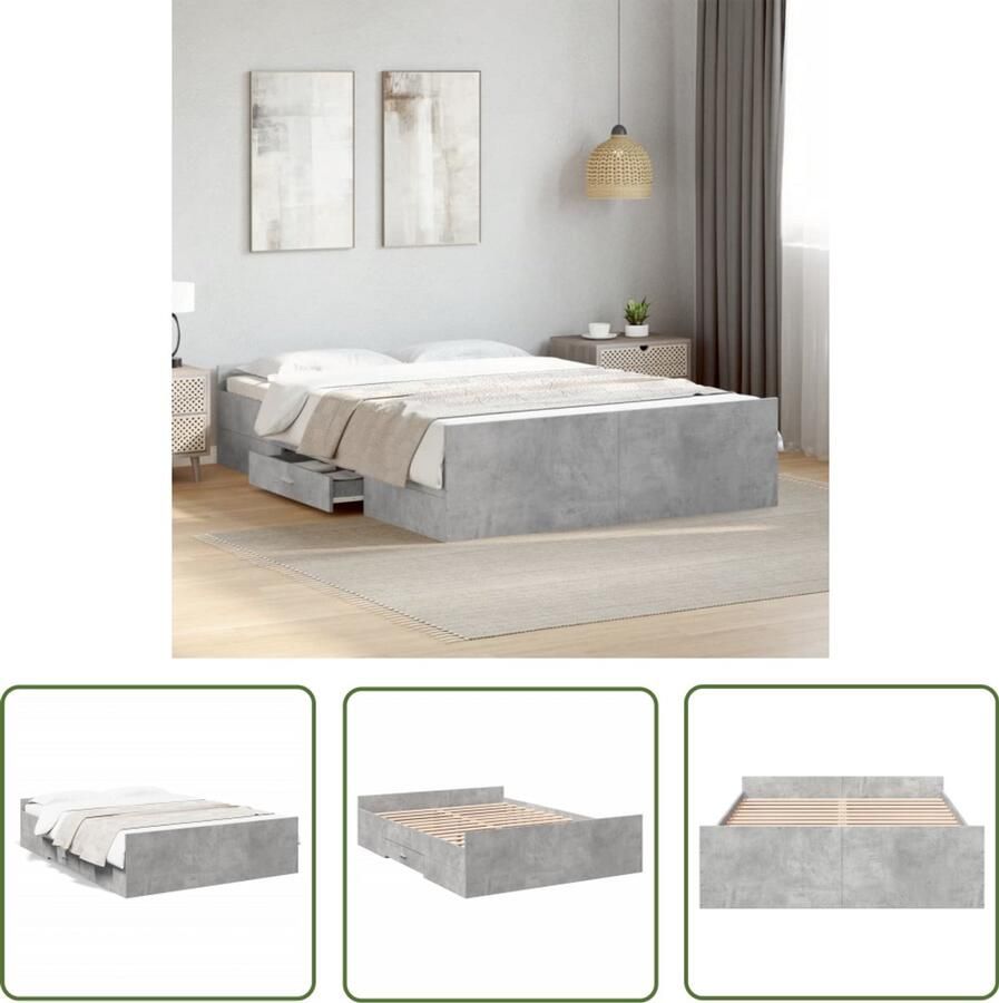 VidaXL Bedframe met lades bewerkt hout betongrijs 135x190 cm Slaapkamersdecoratie Betonnen Grijs Houten Bedframe Tweepersoonsbed Boxspring